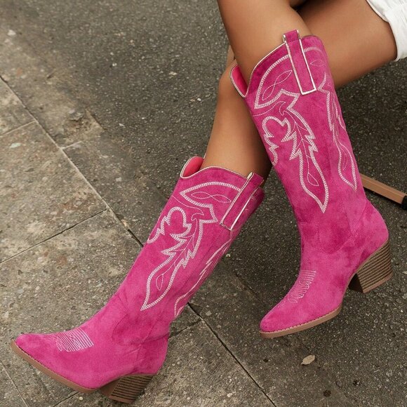 Shoes - Hot Pink Western Women's Wedge Heel Embroidered Metallic Sequin High Boots